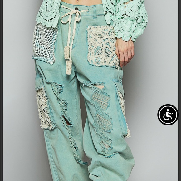 POL Pants - POL Dusty teal Distressed Cargo Pants with Lace Accents